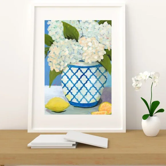 Farmhouse Style Hydrangea Painting White & Blue Vase Floral Decor Fashion Art - Picture 7 of 9